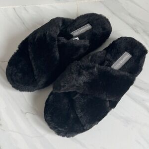 Tempur-Pedic Womens Sloan Faux Fur Slipper Cross Strap Black House Shoe Size 7